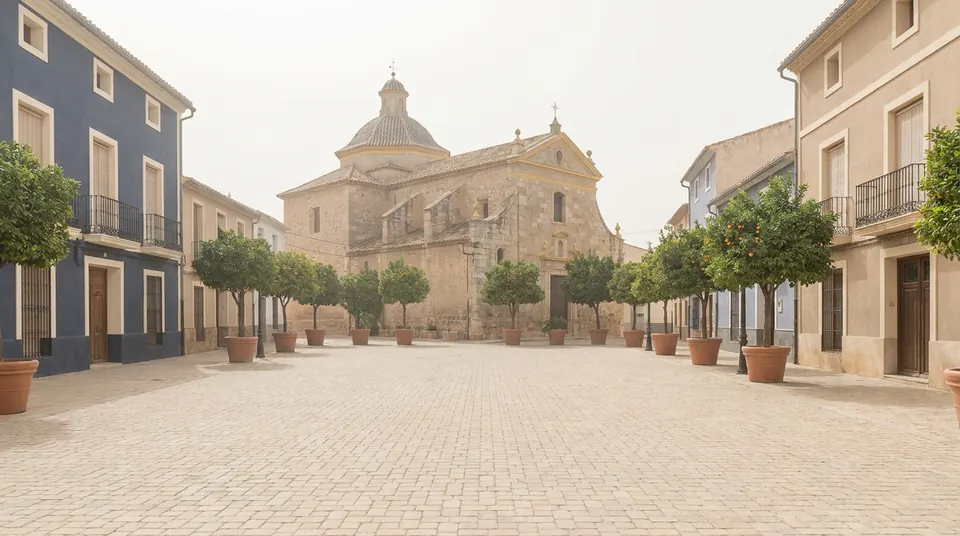 Plaza tranquila con iglesia y naranjos