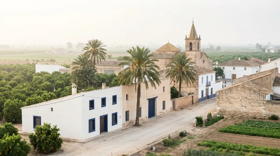 Urbanización de chalets blancos con jardín y palmeras